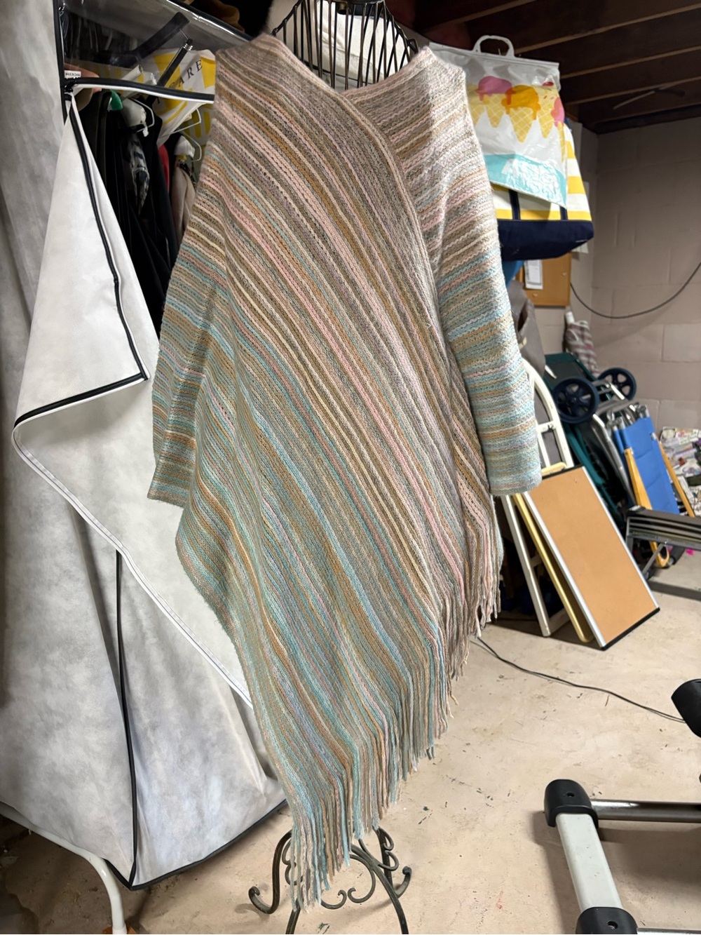 Multicolor Striped Fringe Poncho Sweater - Women